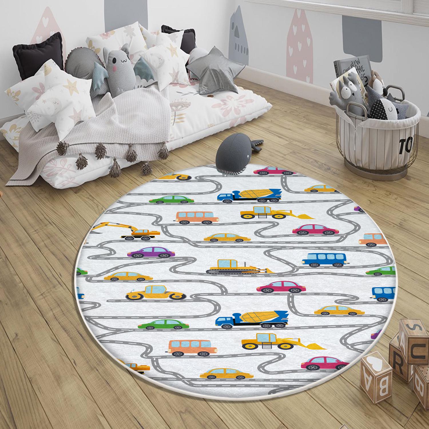 Round Road Construction Vehicles Kids Room Rug-Crane Bulldozer Excavator Mat-Heavy Equipment Playmat-Nursery Carpet with pillow case gift