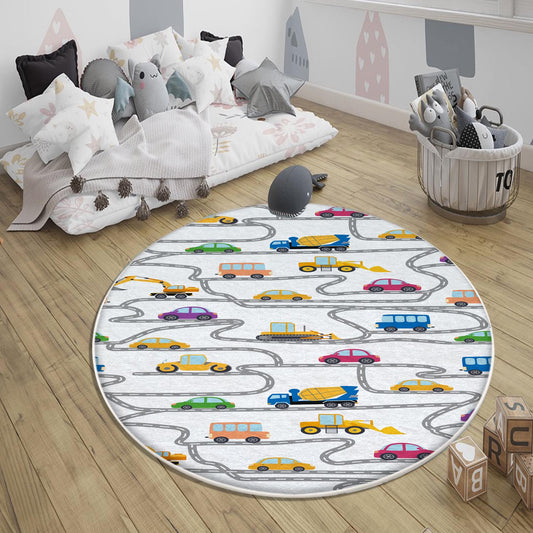 Round Road Construction Vehicles Kids Room Rug-Crane Bulldozer Excavator Mat-Heavy Equipment Playmat-Nursery Carpet with pillow case gift