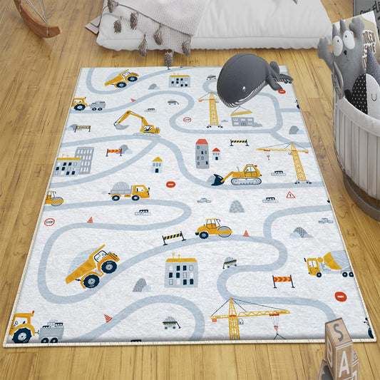 Road Construction Vehicles Kids Room Rug-Crane Bulldozer Excavator Mat-Heavy Equipment Playmat-Nursery Carpet for Boys with pillow case gift