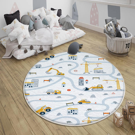 Round Road Construction Vehicles Kids Room Rug-Crane Bulldozer Excavator Mat-Heavy Equipment Playmat-Nursery Carpet with pillow case gift