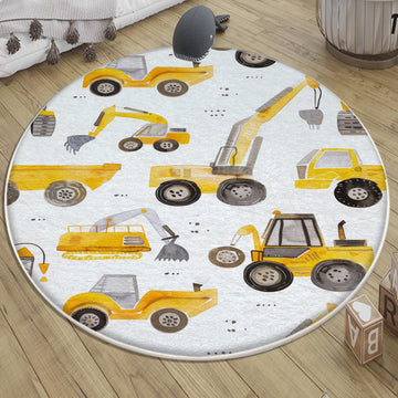 Round Road Construction Vehicles Kids Room Rug-Crane Bulldozer Excavator Mat-Heavy Equipment Playmat-Nursery Carpet with pillow case gift