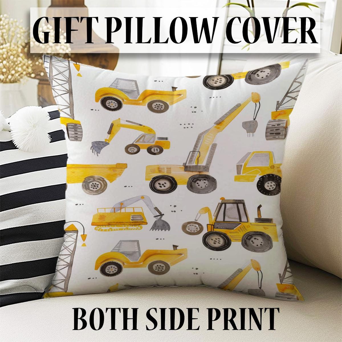 Round Road Construction Vehicles Kids Room Rug-Crane Bulldozer Excavator Mat-Heavy Equipment Playmat-Nursery Carpet with pillow case gift