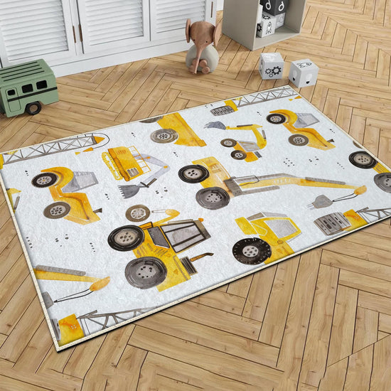 Round Road Construction Vehicles Kids Room Rug-Crane Bulldozer Excavator Mat-Heavy Equipment Playmat-Nursery Carpet with pillow case gift