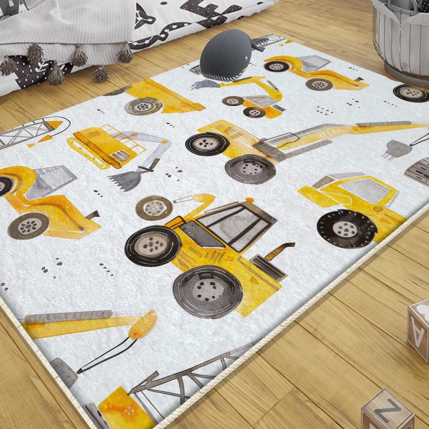 Construction Vehicles Kids Rug with Crane Bulldozer Excavator Mat - Heavy Equipment Playmat Nursery Carpet for Boys + Pillowcase Gift