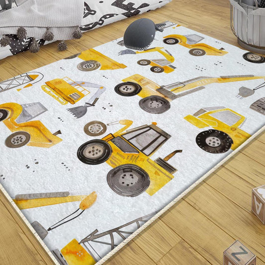 Construction Vehicles Kids Rug with Crane Bulldozer Excavator Mat - Heavy Equipment Playmat Nursery Carpet for Boys + Pillowcase Gift