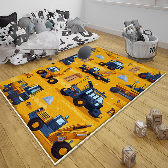 Round Road Construction Vehicles Kids Room Rug-Crane Bulldozer Excavator Mat-Heavy Equipment Playmat-Nursery Carpet with pillow case gift