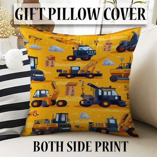 Round Road Construction Vehicles Kids Room Rug-Crane Bulldozer Excavator Mat-Heavy Equipment Playmat-Nursery Carpet with pillow case gift
