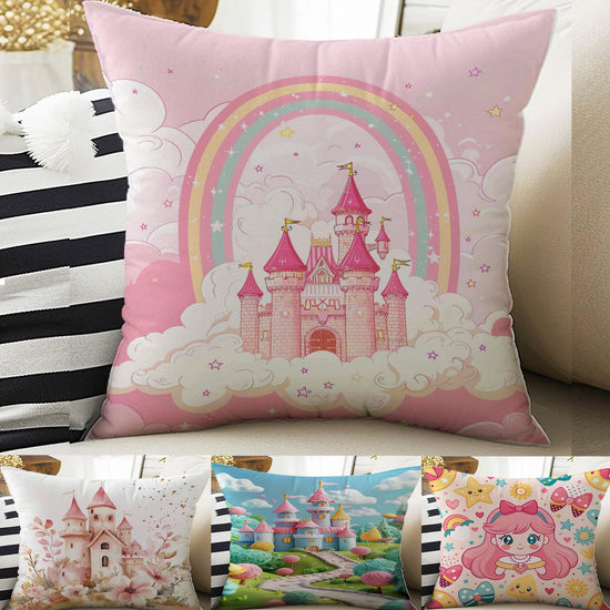 Kids Room Decor Cute Pink Castle Pillow Covers, Bold Nursery Cushion & Decorative Girls Throw Pillowcases for Playroom