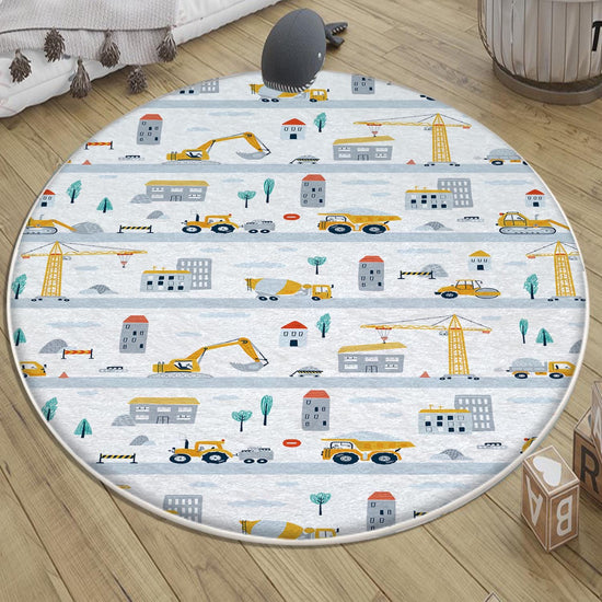 Round Road Construction Vehicles Kids Room Rug-Crane Bulldozer Excavator Mat-Heavy Equipment Playmat-Nursery Carpet with pillow case gift