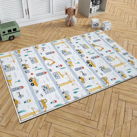 Round Road Construction Vehicles Kids Room Rug-Crane Bulldozer Excavator Mat-Heavy Equipment Playmat-Nursery Carpet with pillow case gift
