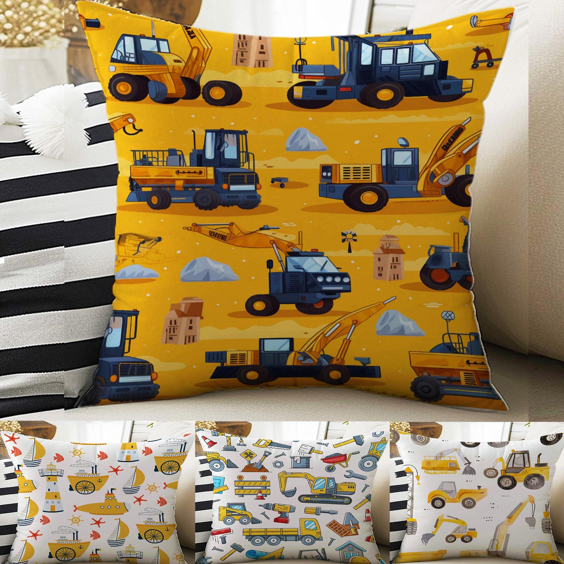 Kids Room Decor Construction Equipment Pillow Covers, Bold Nursery Cushion & Decorative Children Throw Pillowcases for Playroom