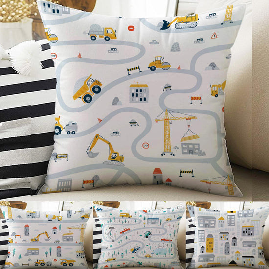 Kids Room Decor Construction Equipment Road Play Pillow Covers, Bold Nursery Cushion & Decorative Children Throw Pillowcases for Playroom