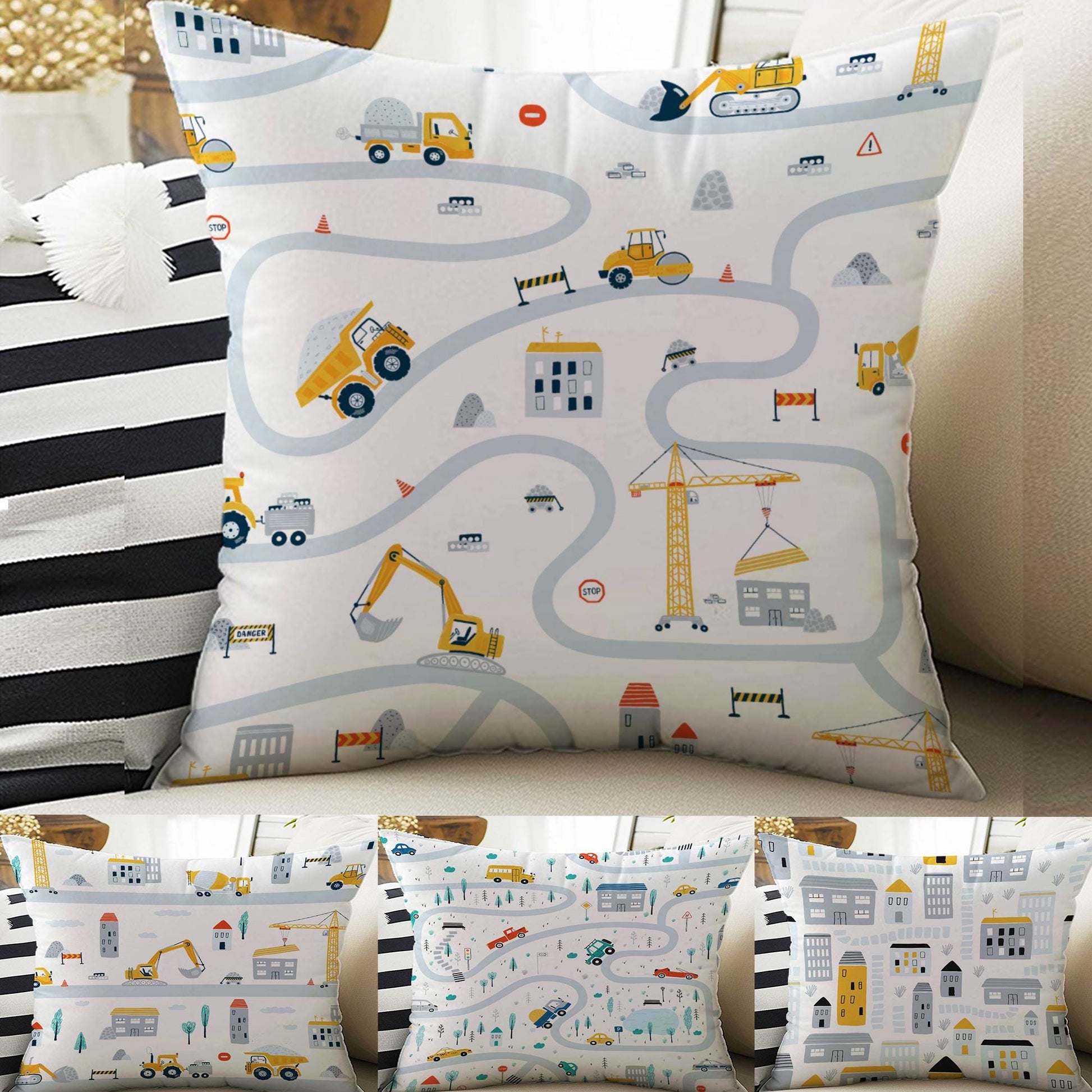 Kids Room Decor Construction Equipment Road Play Pillow Covers, Bold Nursery Cushion & Decorative Children Throw Pillowcases for Playroom