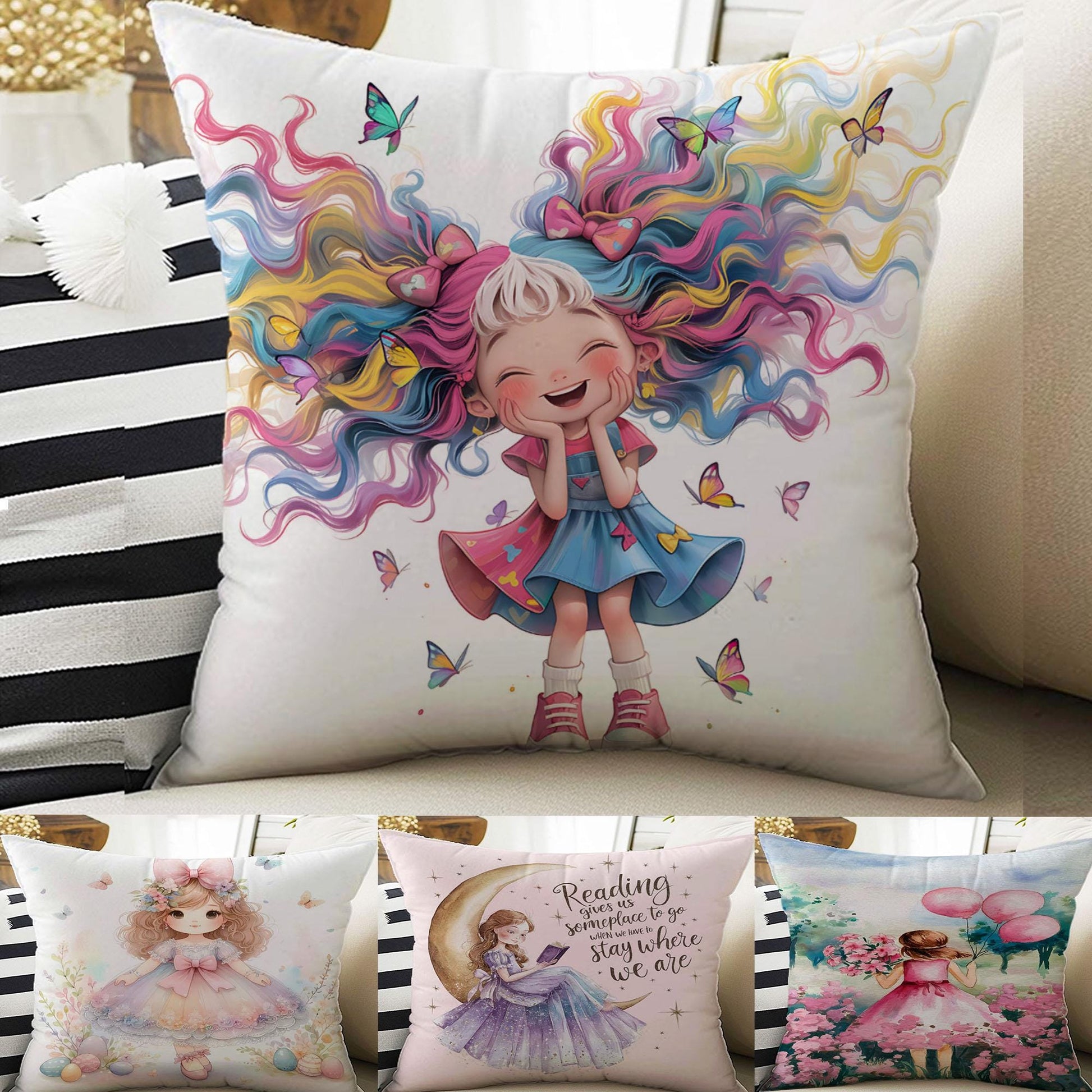 Kids Room Decor Cute Girls Pillow Covers, Bold Nursery Cushion & Decorative Children Throw Pillowcases for Playroom
