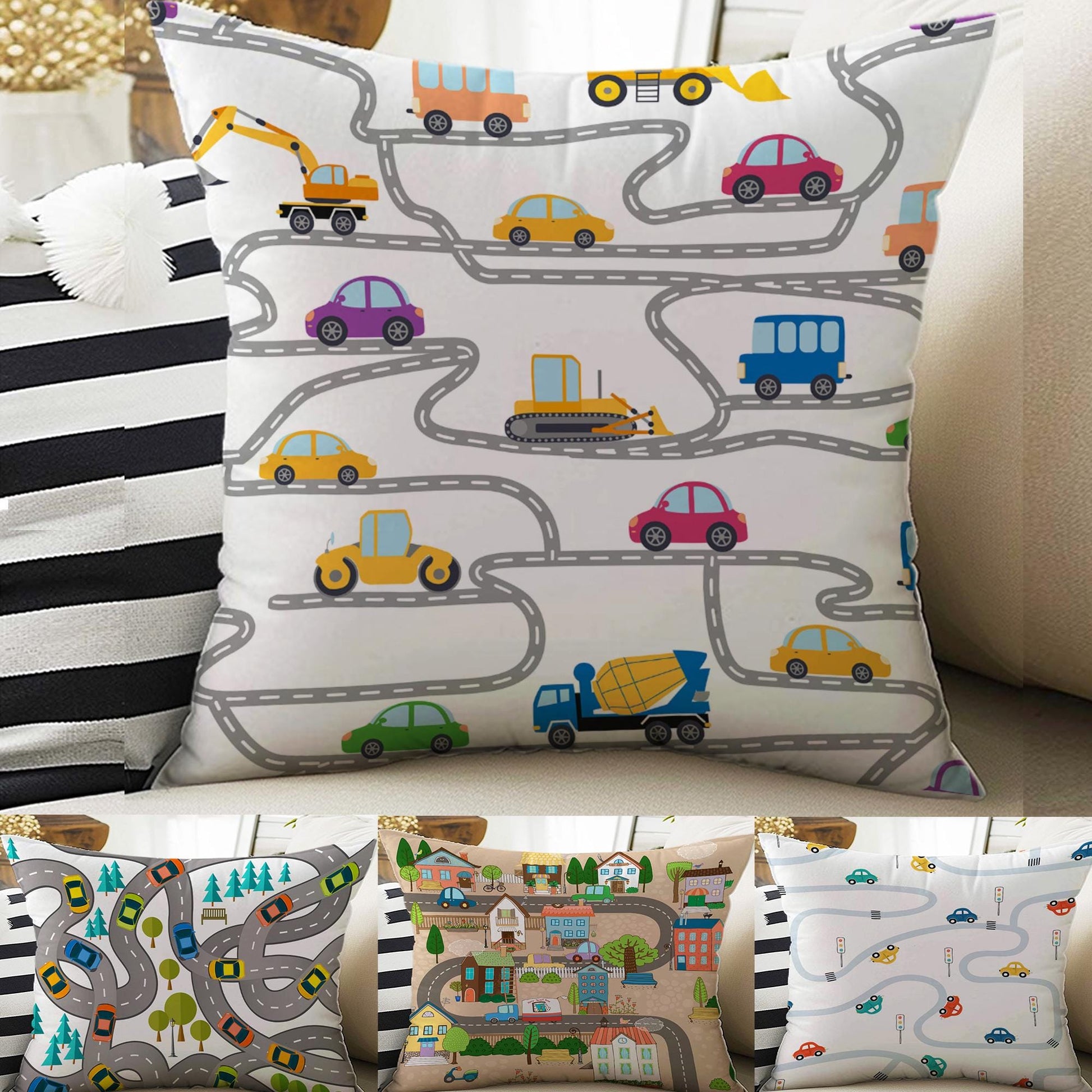 Kids Room DecorCar Play Road City Pillow Covers, Bold Nursery Cushion & Decorative Children Throw Pillowcases for Playroom