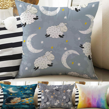 Kids Room Decor Cute Lamb Sheep Moon Star Pillow Covers, Bold Nursery Cushion & Decorative Children Throw Pillowcases for Playroom
