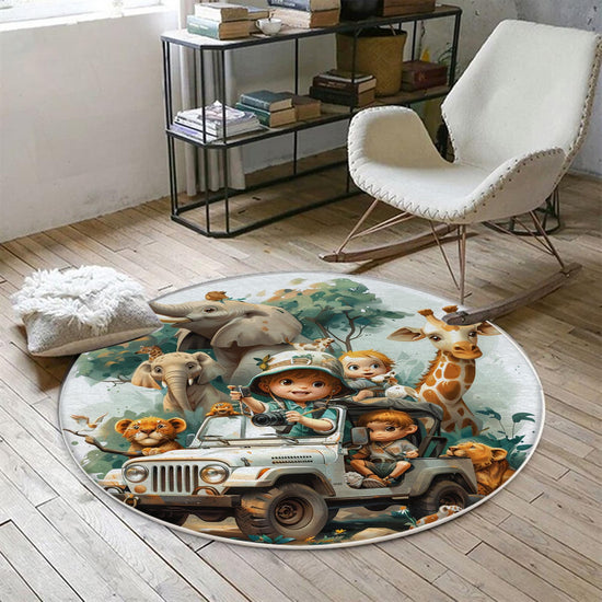 Round Safari Animal Nursery Room Rug, Cute Animals Rug Gift For Kids, Baby Shower Rug, Baby Gift, Nursery Decor with pillow case gift