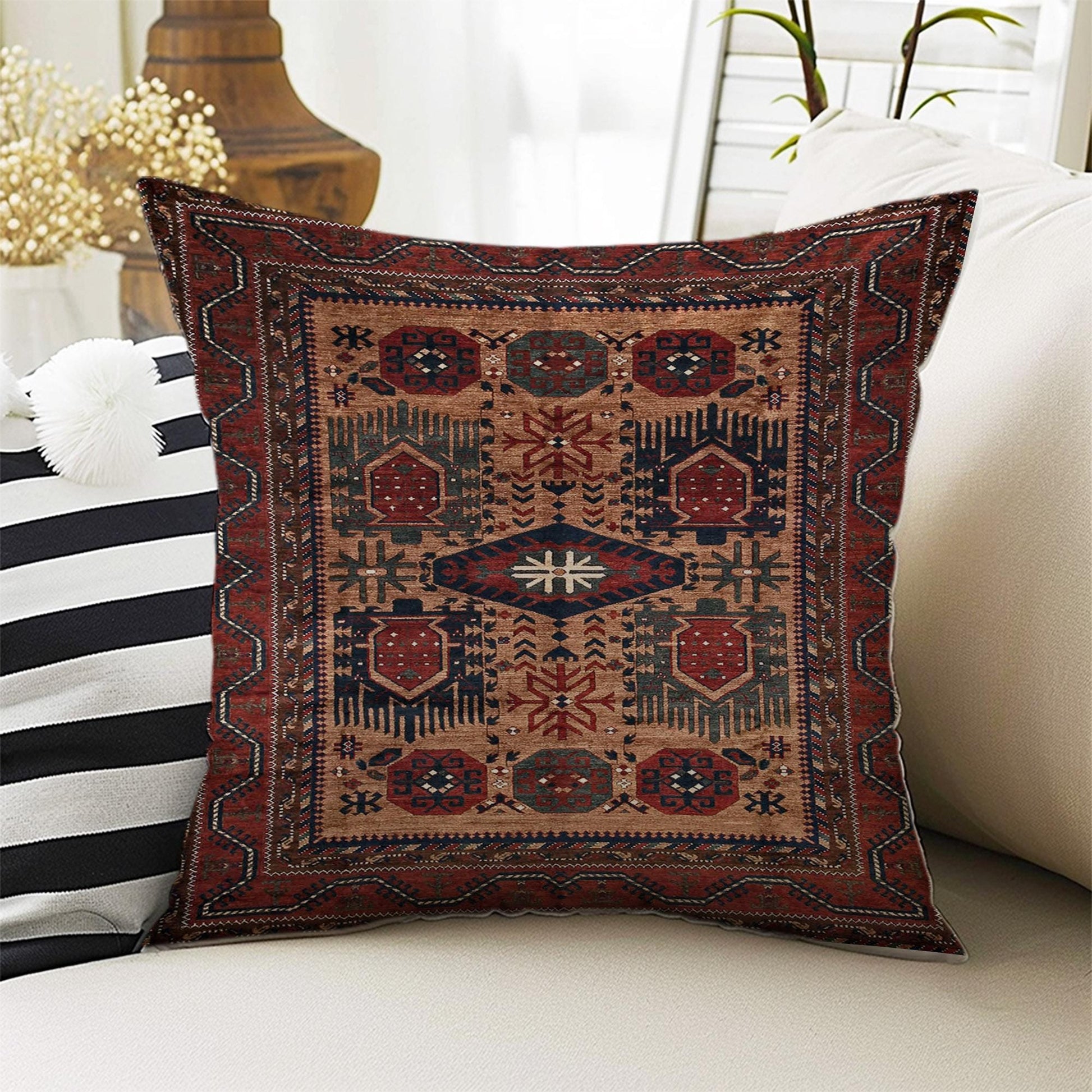 Rug Design Pillow Covers - Turkish Kilim Pattern Cushion Case, Ethnic Print Throw Pillow, Vintage Style Accent Pillow Covers