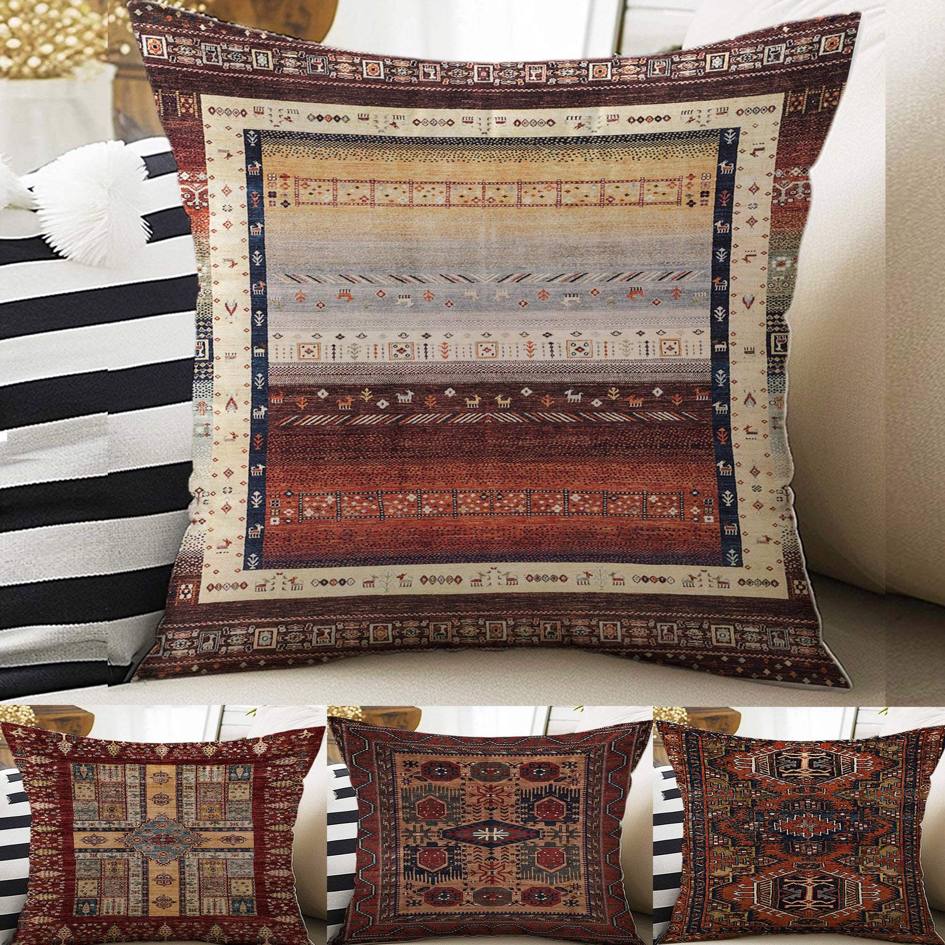 Rug Design Pillow Covers - Turkish Kilim Pattern Cushion Case, Ethnic Print Throw Pillow, Vintage Style Accent Pillow Covers
