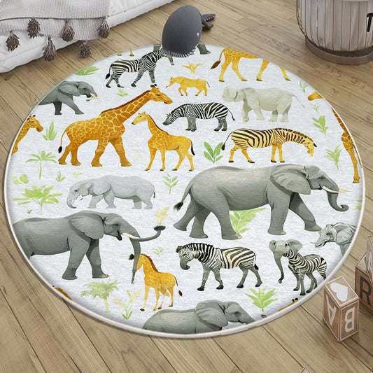 Round Safari Giraffe Zebra Elephant Nursery Rug|Cute Animal Rug Gift For Kids|Baby Shower Rug|Baby Gift Nursery Decor with pillow case gift