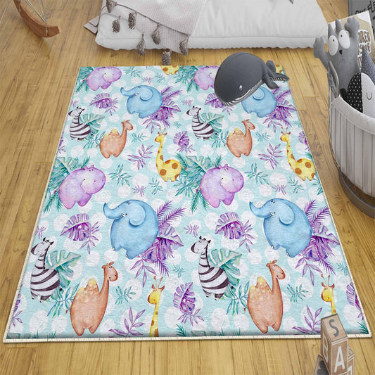 Safari Animal Giraffe Zebra Elephant Nursery Rug|Cute Animal Rug Gift For Kids|Baby Shower Rug|Baby Gift Nursery Decor with pillow case gift