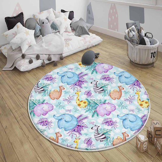 Round Safari Giraffe Zebra Elephant Nursery Rug|Cute Animal Rug Gift For Kids|Baby Shower Rug|Baby Gift Nursery Decor with pillow case gift