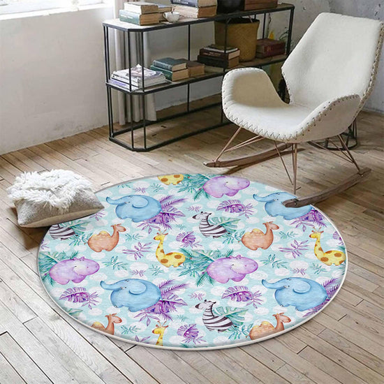 Round Safari Giraffe Zebra Elephant Nursery Rug|Cute Animal Rug Gift For Kids|Baby Shower Rug|Baby Gift Nursery Decor with pillow case gift