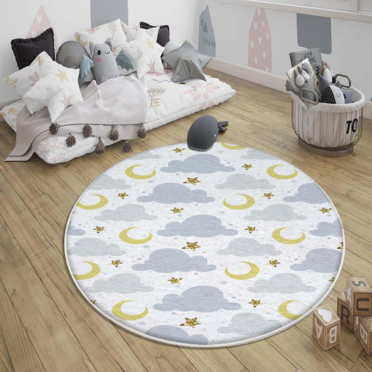Round Blue Clouds Moon Stars Nursery Kids Room Rug, Cute Rug Gift For Kids, Baby Kids Room Gift, Kids Room Decor with pillow case gift