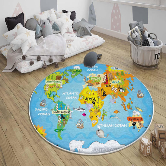 Round Earth World Map Nursery Kids Room Rug, Cute Educational Rug Gift For Kids, Baby Kids Room Gift, Kids Room Decor with pillow case gift