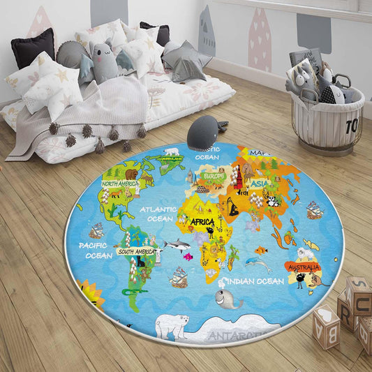 Round Earth World Map Nursery Kids Room Rug, Cute Educational Rug Gift For Kids, Baby Kids Room Gift, Kids Room Decor with pillow case gift