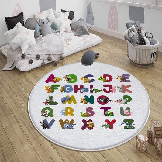Round Alphabet Letters Animal Nursery Kids Room Rug, Cute Educational Rug Gift For Kid, Baby Kids Room Gift, Kids Room Decor with pillow case gift