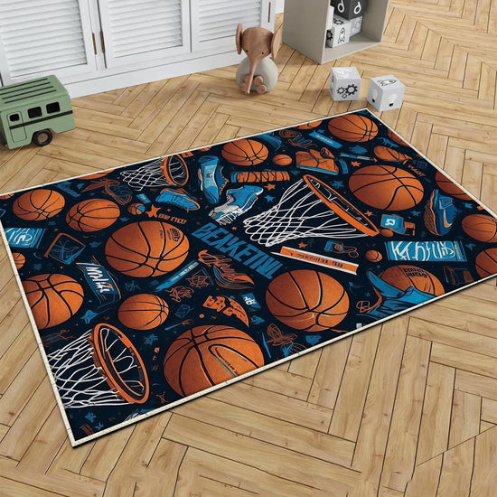 Round Basketball Balls Kids Play Room Rug, Cute Sport Rug Gift For Kid, Baby Kids Room Gift, Kids Room Decor with pillow case gift