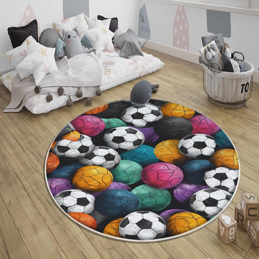 Round Colorful Football Balls Kids Play Room Rug, Cute Sport Rug Gift For Kid, Baby Kids Room Gift, Kids Room Decor with pillow case gift