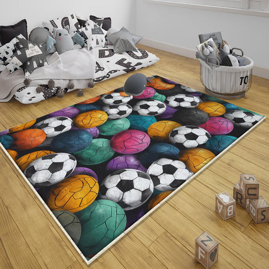 Round Colorful Football Balls Kids Play Room Rug, Cute Sport Rug Gift For Kid, Baby Kids Room Gift, Kids Room Decor with pillow case gift