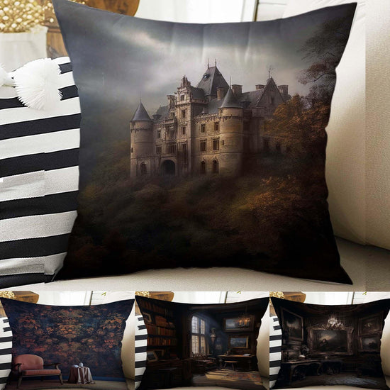 Dark Academia Pillow Cover, Gothic Rooms Cushion, Victorian Castle Decorative Throw Pillowcase, Moody Home Decor Accent