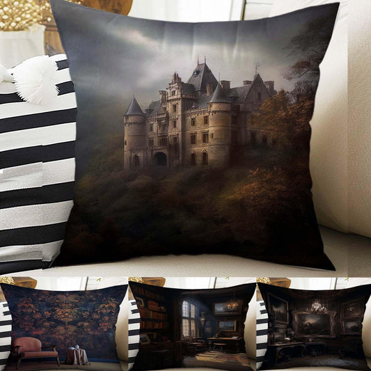 Dark Academia Pillow Cover, Gothic Rooms Cushion, Victorian Castle Decorative Throw Pillowcase, Moody Home Decor Accent