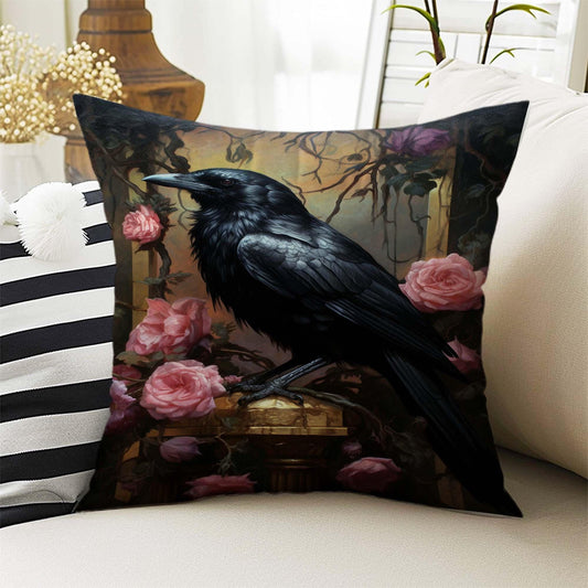 Dark Academia Pillow Cover, Gothic Raven Cushion, Goth Crow Decorative Throw Pillowcase, Moody Home Decor Accent