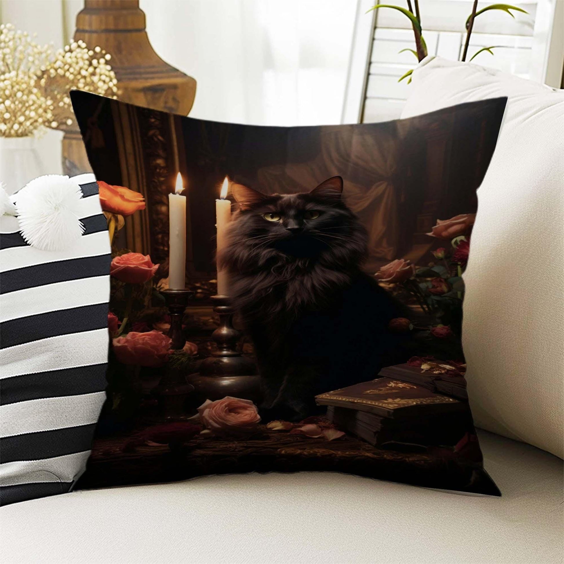 Dark Academia Pillow Cover, Gothic Cats Cushion, Victorian Black Cat Decorative Throw Pillowcase, Moody Home Decor Accent
