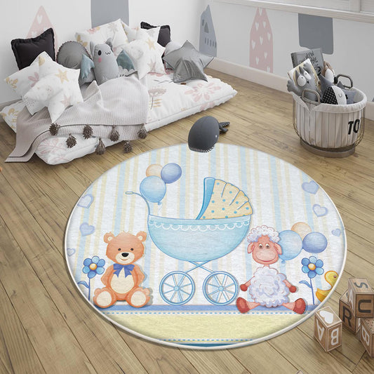 Round Blue Bear Lamb Nursery Room Rug, Cute Animal Rug Gift For Kid, Baby Shower Boy Kids Room Gift, Kids Room Decor with pillow case gift