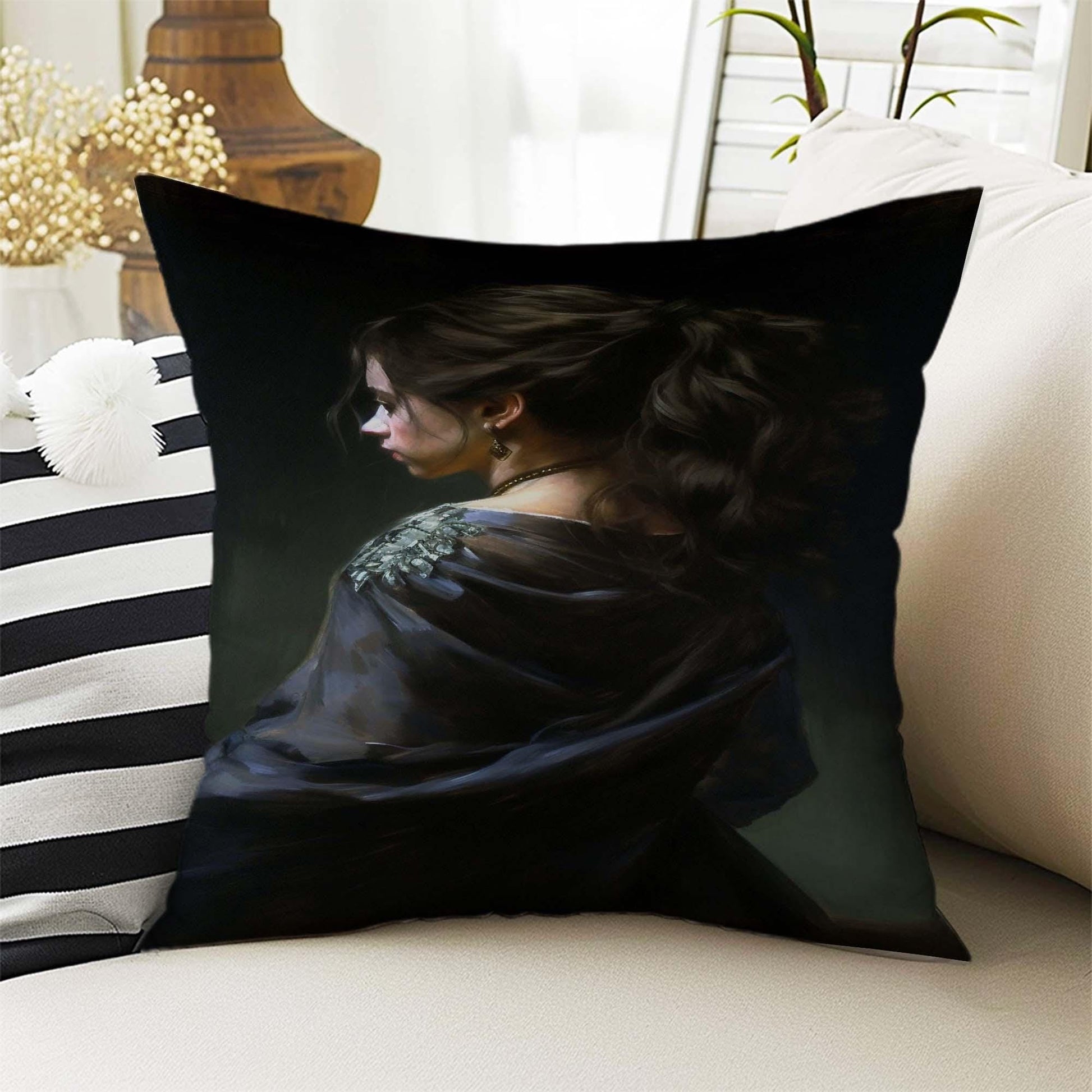 Dark Academia Pillow Cover, Gothic Girl Cushion, Goth Women Decorative Throw Pillowcase, Moody Home Decor Accent