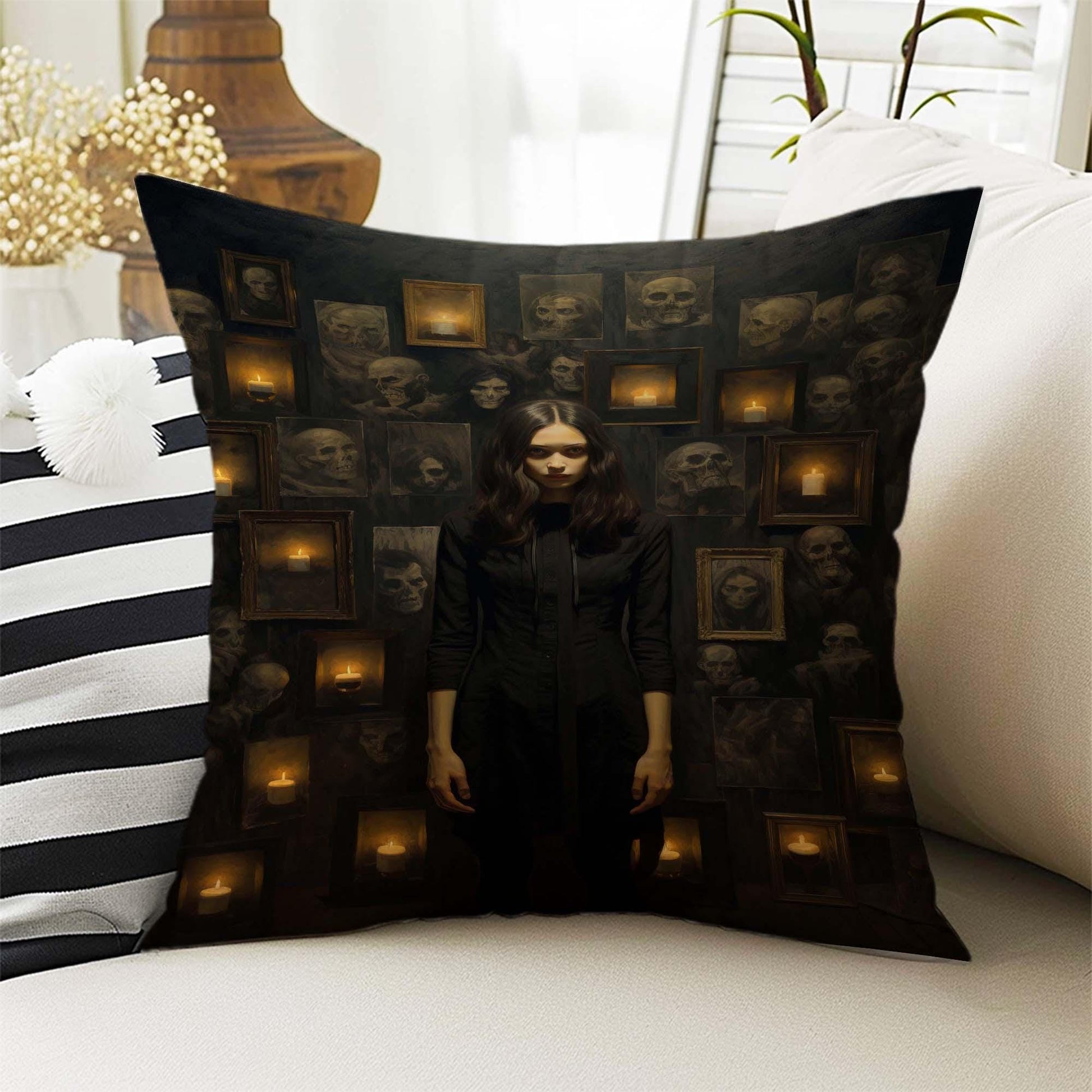 Dark Academia Pillow Cover, Gothic Girl Cushion, Goth Women Decorative Throw Pillowcase, Moody Home Decor Accent