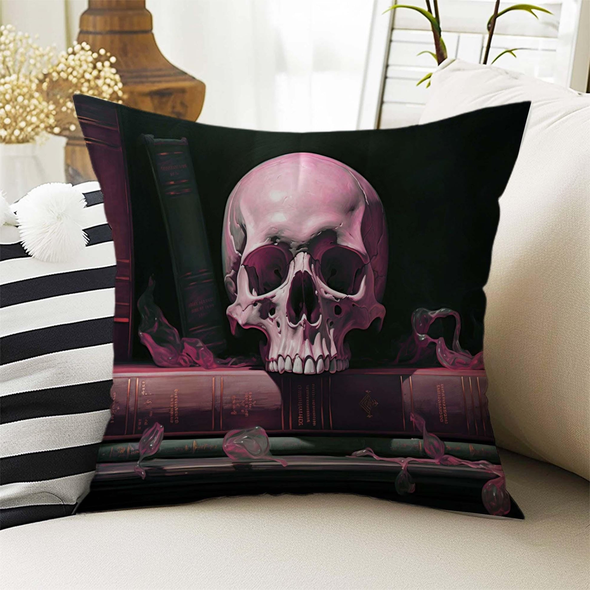 Dark Academia Pillow Cover, Gothic Skull Cushion, Goth Pink Roses Decorative Throw Pillowcase, Moody Home Decor Accent