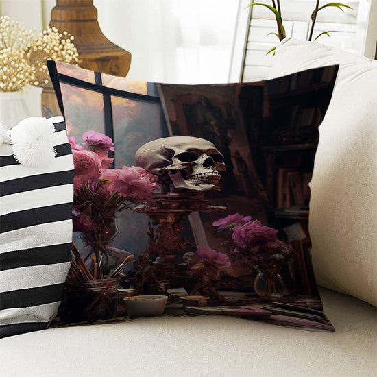 Dark Academia Pillow Cover, Gothic Skull Cushion, Goth Pink Roses Decorative Throw Pillowcase, Moody Home Decor Accent