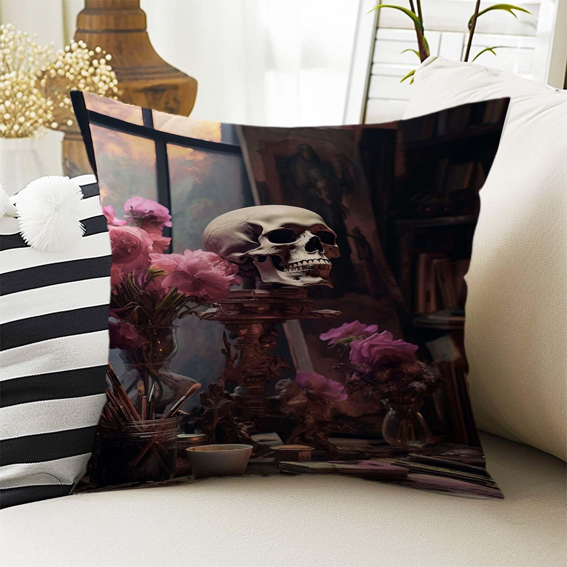 Dark Academia Pillow Cover, Gothic Skull Cushion, Goth Pink Roses Decorative Throw Pillowcase, Moody Home Decor Accent