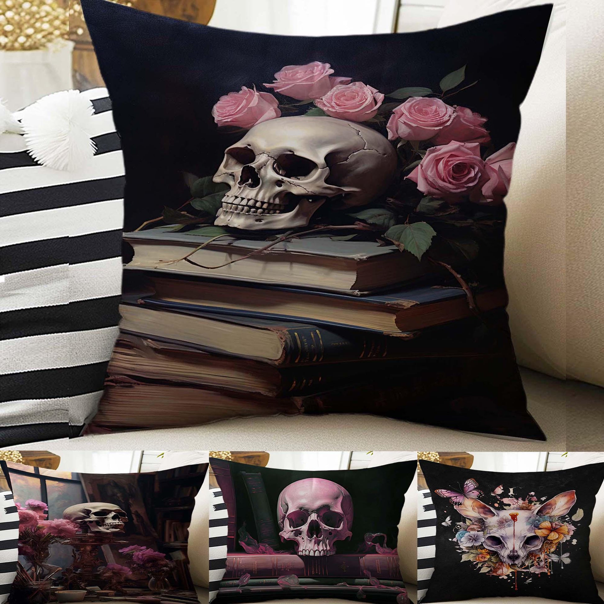 Dark Academia Pillow Cover, Gothic Skull Cushion, Goth Pink Roses Decorative Throw Pillowcase, Moody Home Decor Accent