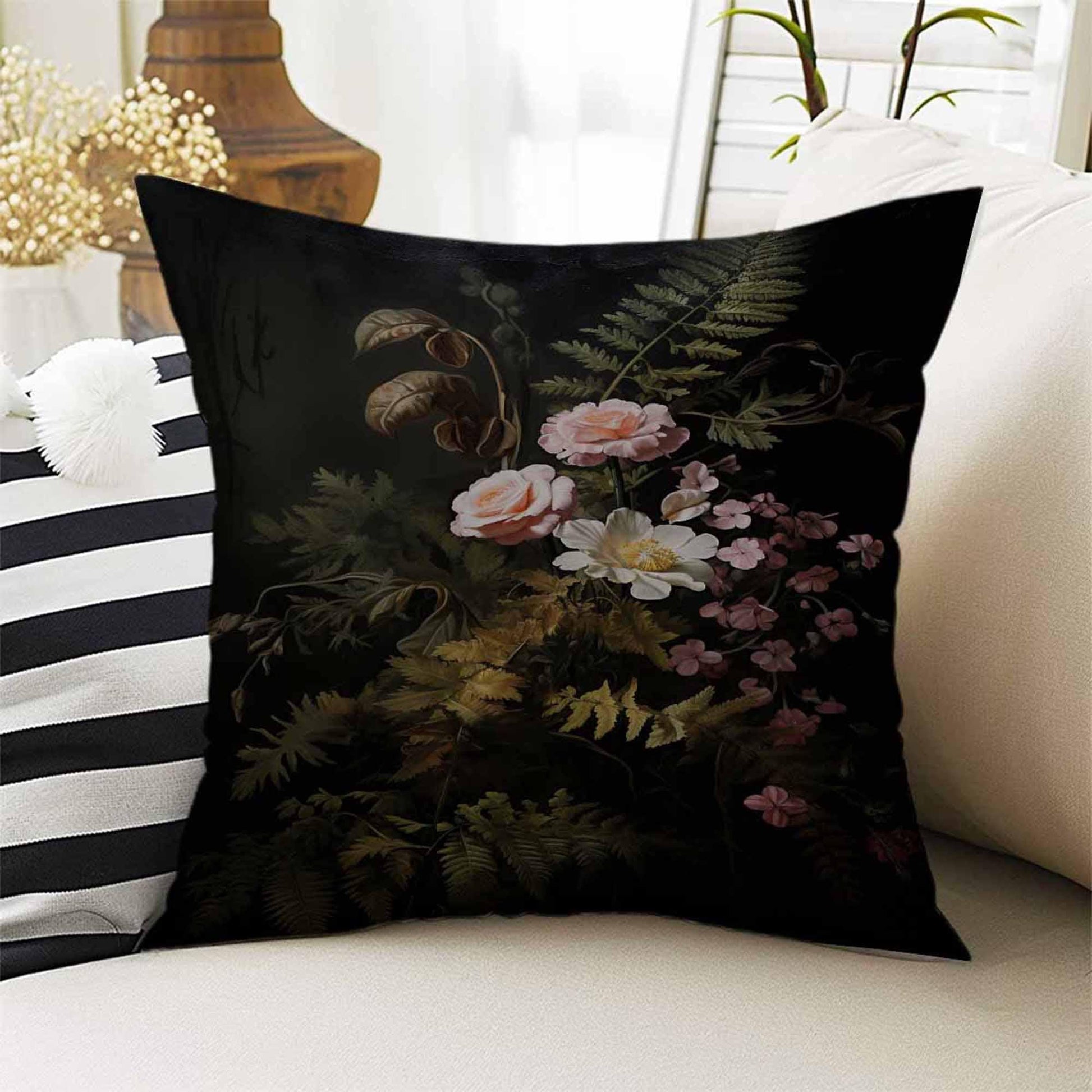 Dark Academia Moody Pillow Cover, Victorian Flowers Cushion, Decorative Throw Pillowcase, Dark Cottagecore Floral Home Decor