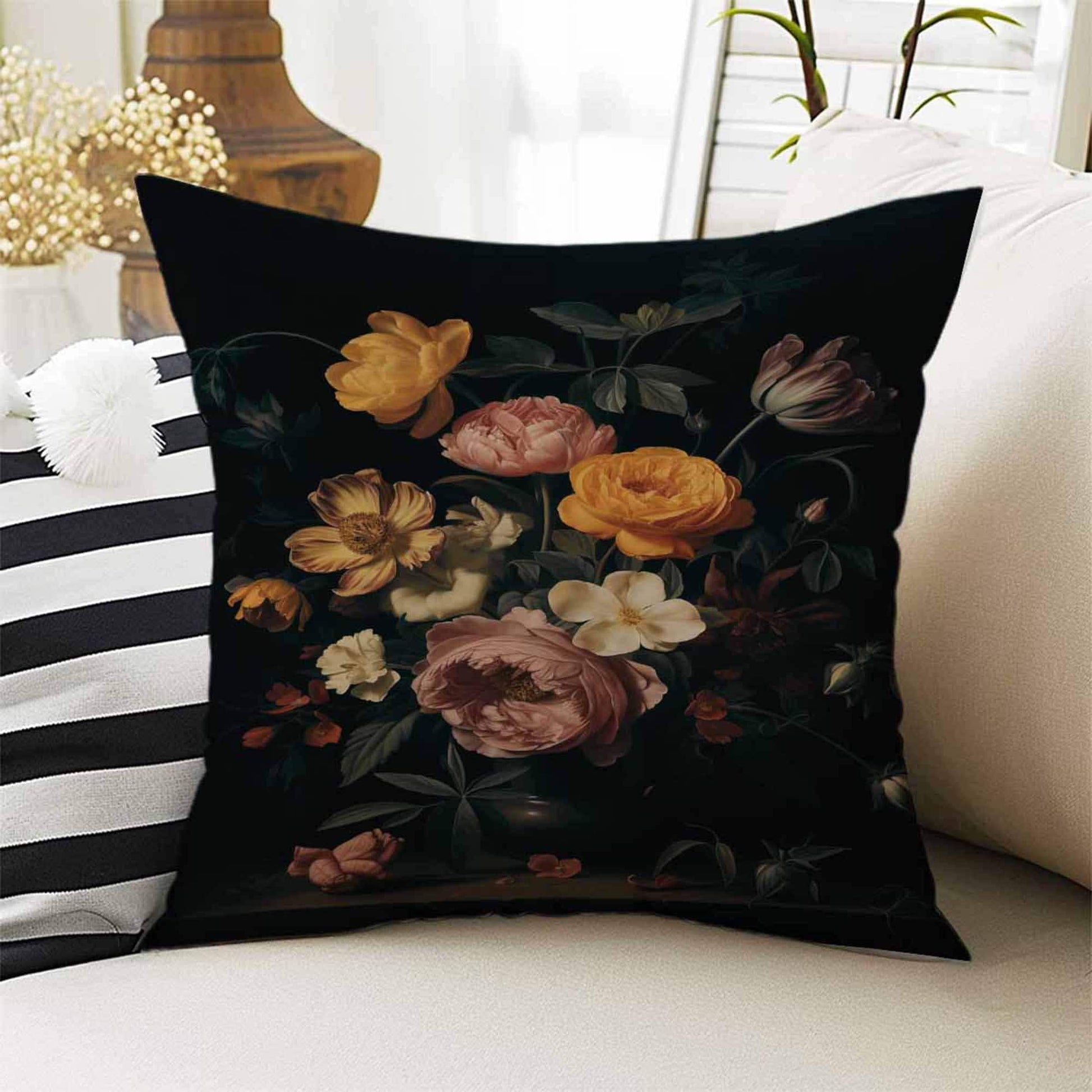 Dark Academia Moody Pillow Cover, Victorian Flowers Cushion, Decorative Throw Pillowcase, Dark Cottagecore Floral Home Decor