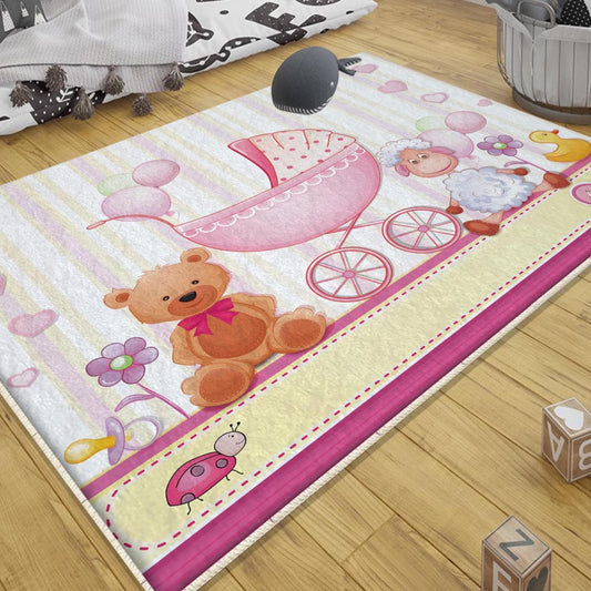 Pink Bear and Lamb Nursery Rug with Pillowcase, Cute Kids Room Decor, Baby Shower Girl Gift, Soft Animal Floor Mat for Kids Bedroom
