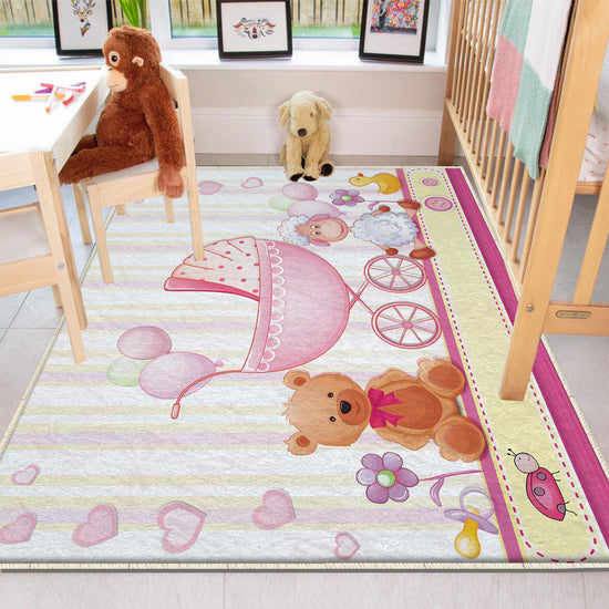 Round Pink Bear Lamb Nursery Room Rug, Cute Animal Rug Gift For Kid, Baby Shower Girl Kids Room Gift, Kids Room Decor with pillow case gift