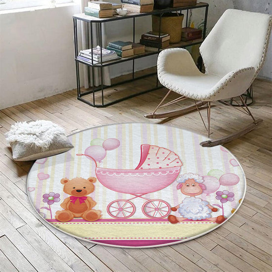 Round Pink Bear Lamb Nursery Room Rug, Cute Animal Rug Gift For Kid, Baby Shower Girl Kids Room Gift, Kids Room Decor with pillow case gift